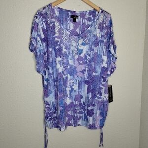 Erika Blue Purple Embellished Floral Top Women's Size 1X